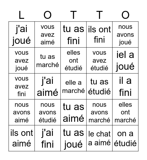 Passé Composé Bingo Card