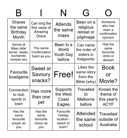 ACYF Sponsor's Night Bingo Card