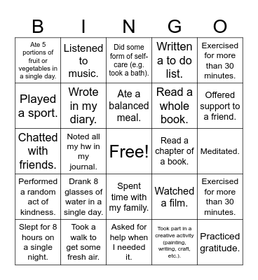 Health Bingo Card