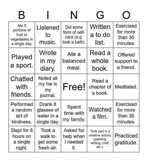 Health Bingo Card
