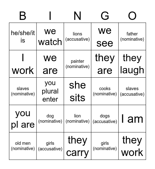 Singulars and Plurals Bingo Card