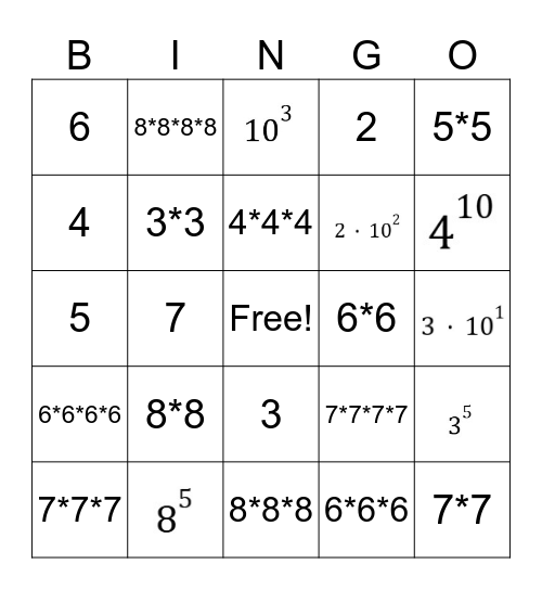 Exponents bingo Card