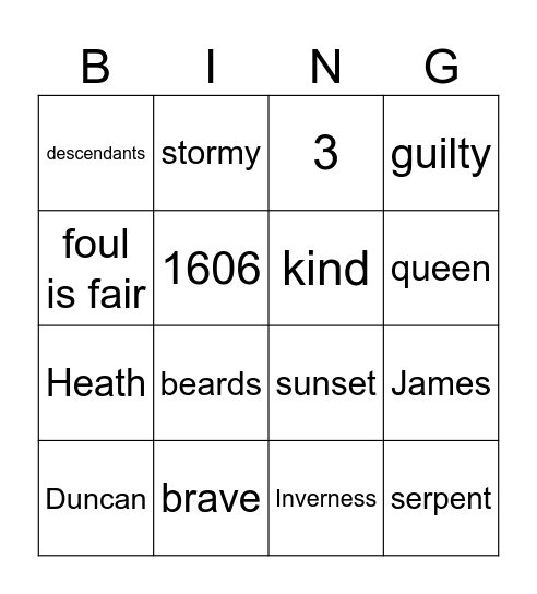 Macbeth Bingo Card