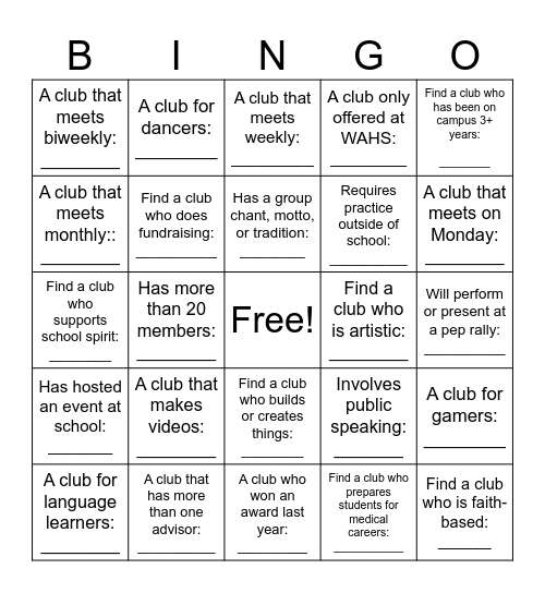 25-26 WAHS Club Fair Bingo Card