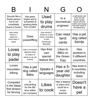 New Joiner Bingo Card