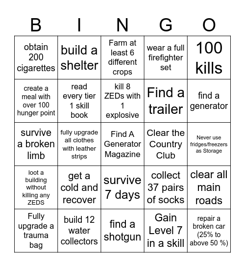 Riverside Zomboid Bingo Card