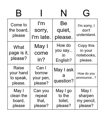 Useful Language Bingo Card