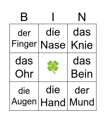 French Body Parts Bingo Card