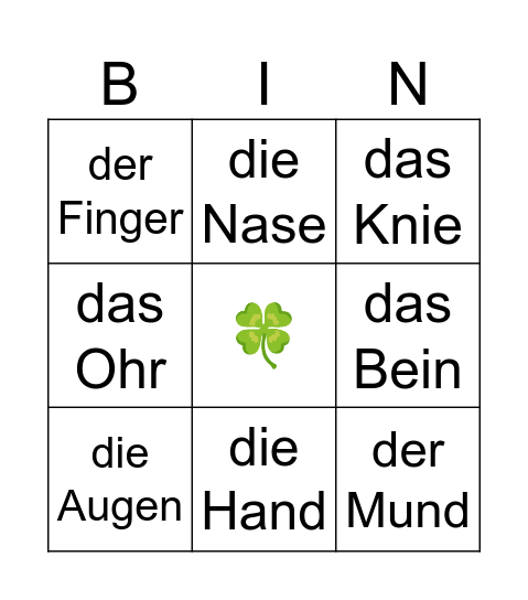 French Body Parts Bingo Card