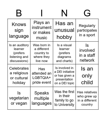 Diversity Bingo Card