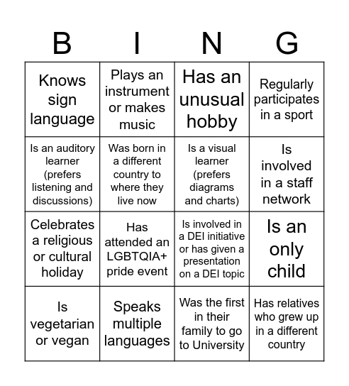 Diversity Bingo Card