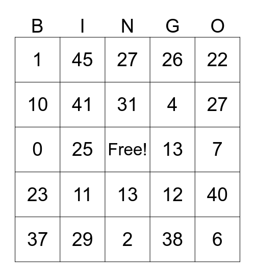 Bingo bis auf 50 Bingo Card