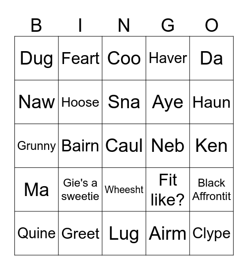 Scots language Bingo Card