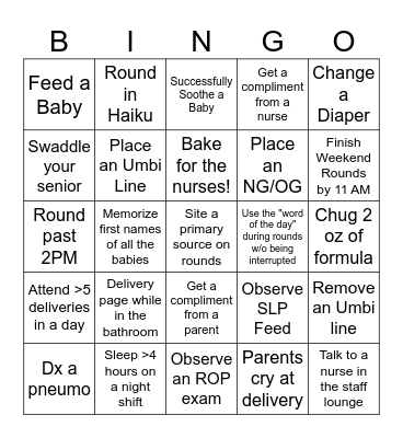 NICU Bingo Card