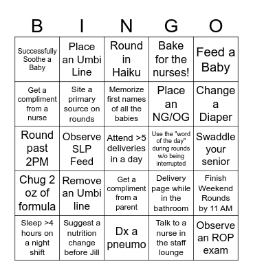 NICU Bingo Card