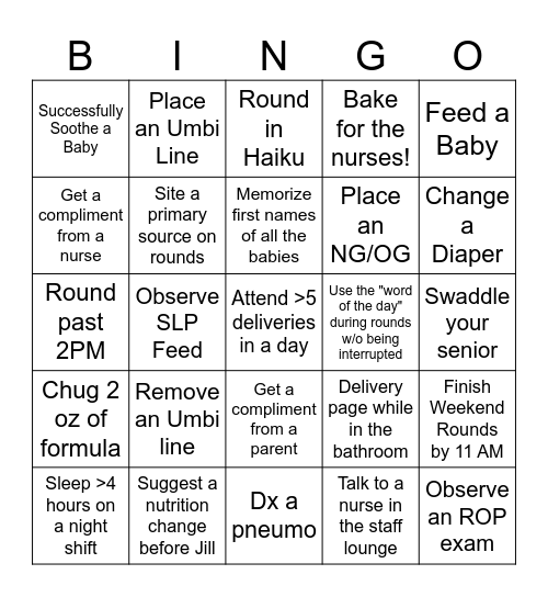 NICU Bingo Card