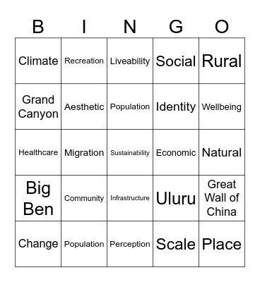 Liveability Bingo Card