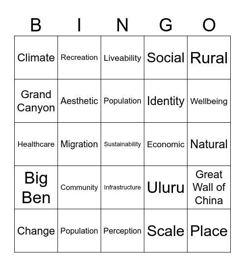 Liveability Bingo Card