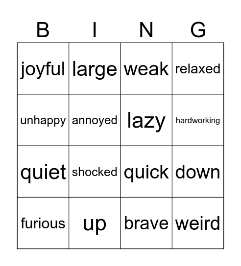 Synonym and Antonym Bingo Card