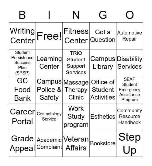 Gaston College Programs and Resources Bingo Card