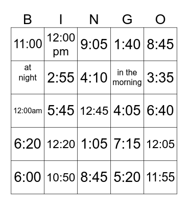 Telling Time Bingo Card