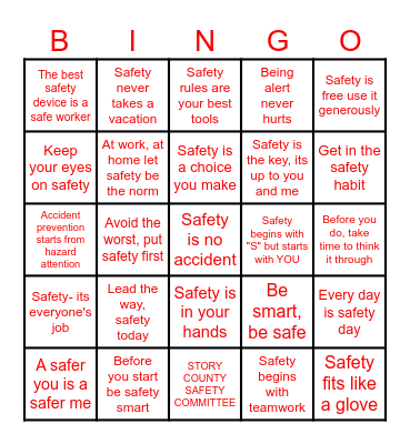 SAFETY SLOGAN Bingo Card