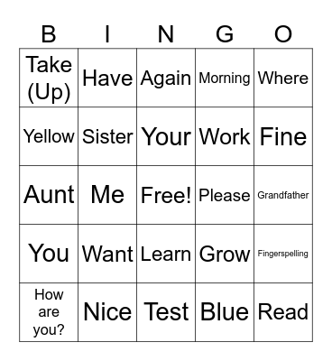 ASL I BINGO! Bingo Card
