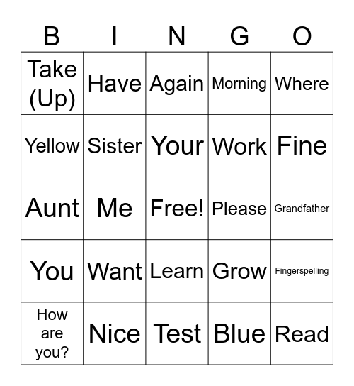 ASL I BINGO! Bingo Card