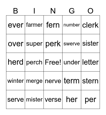R-Controlled Vowel - er - Bossy R Bingo Card