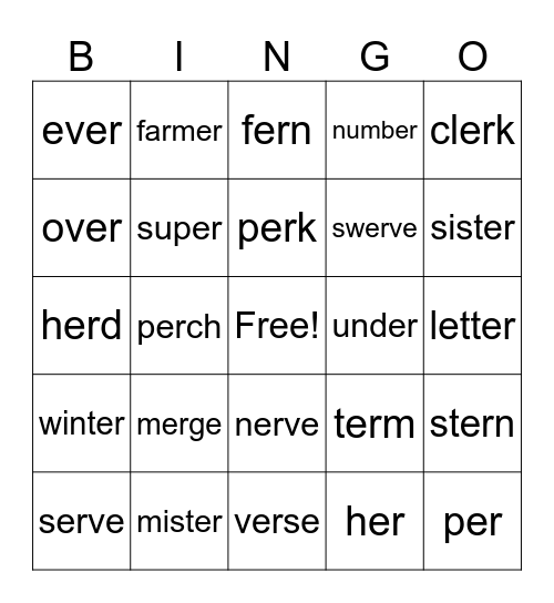 R-Controlled Vowel - er - Bossy R Bingo Card