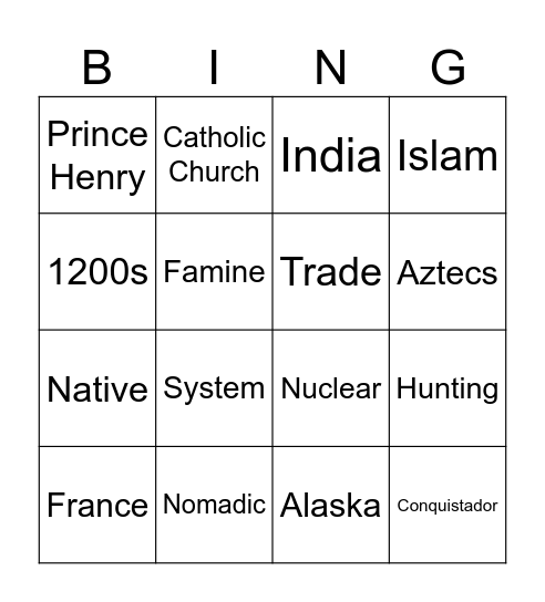 History Bingo Card