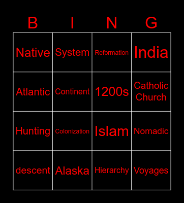 US Early History Bingo Card