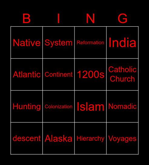 US Early History Bingo Card