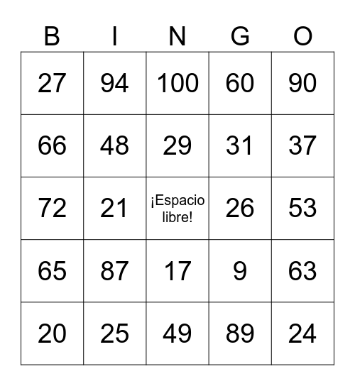 Los números 0-100 (breve) Bingo Card