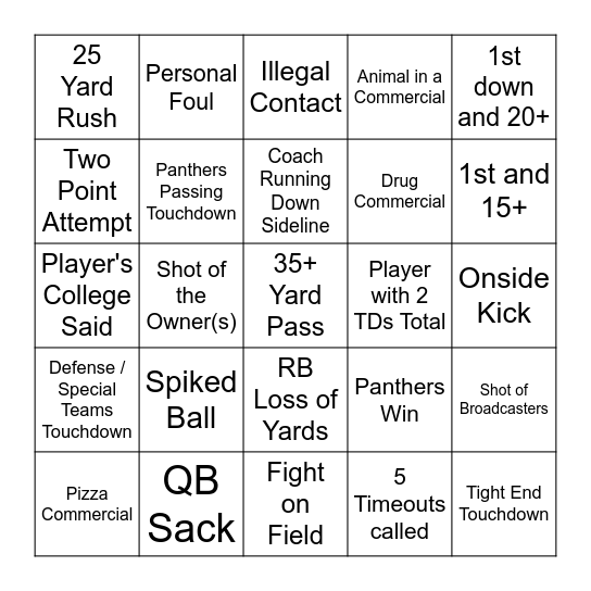 2nd Half - Football BINGO - Panthers vs. Falcons Bingo Card