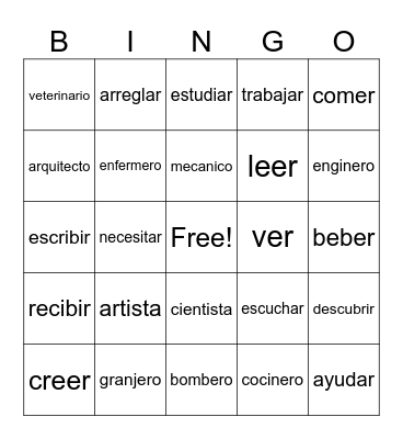 Professions Bingo Card