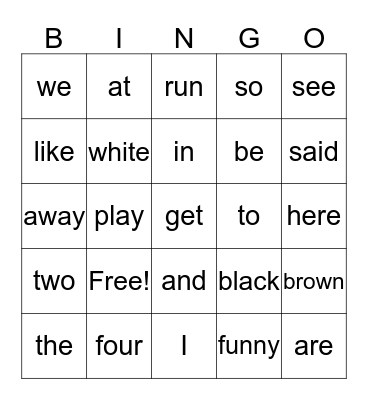 Sight word Bingo Card