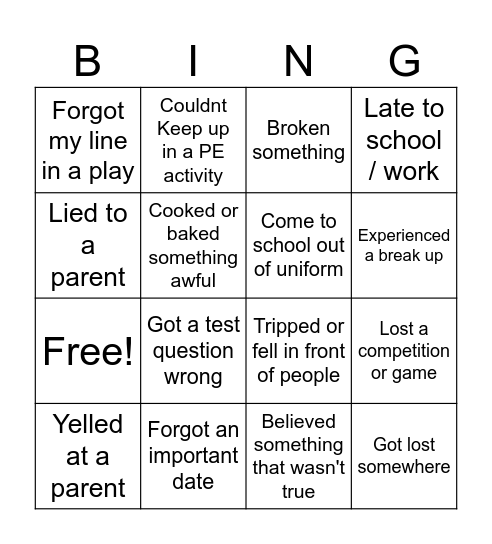 FAIL BINGO Card