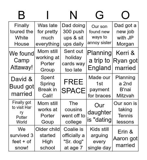 KRINSKY FAMILY YEAR IN REVIEW BINGO Card