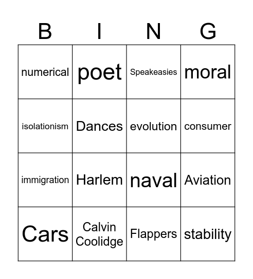 Roaring 20's Bingo Card