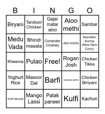 Indian Food Bingo Card