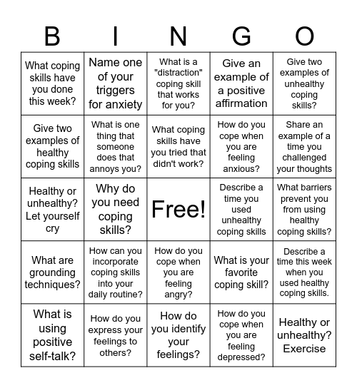 Coping Skills Bingo Card