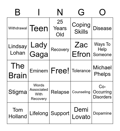 Recovery Month BINGO Card