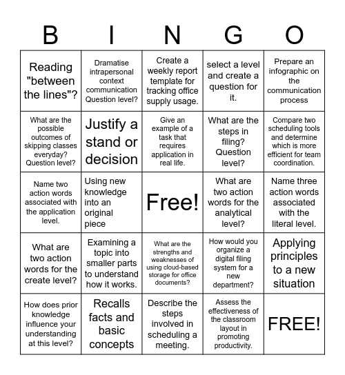 Comprehension levelBingo Card