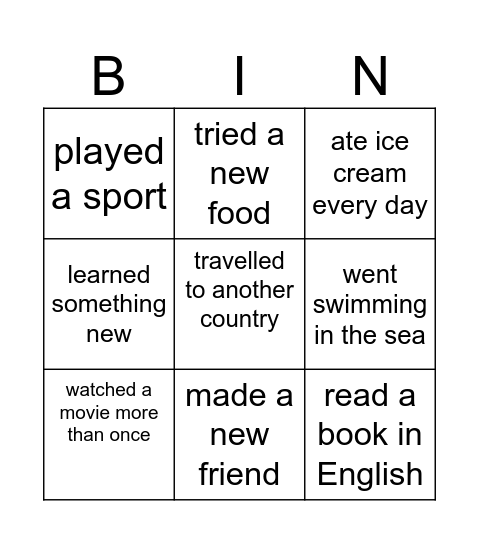 Summer Bingo for L4 Bingo Card