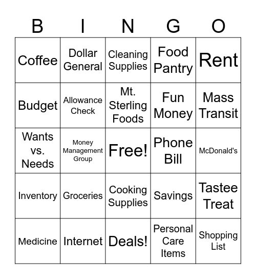 Money Management Bingo Card