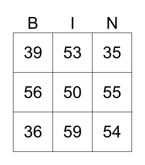 Numbers 30 - 60 Bingo Card