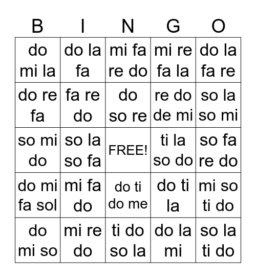 solfege Bingo Card