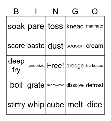 Cooking Terms Bingo Card