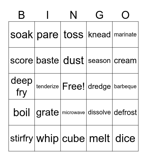Cooking Terms Bingo Card